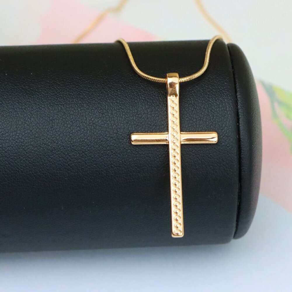 "Elegant Long Cross Rose Gold Pendant with Diamond Pattern Design, XPPT1601 - Picture 3 of 13